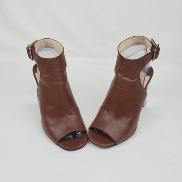 Prada Milano tan/brown leather chunky heel Open toe bootie size 38.5 - Picture 5 of 10